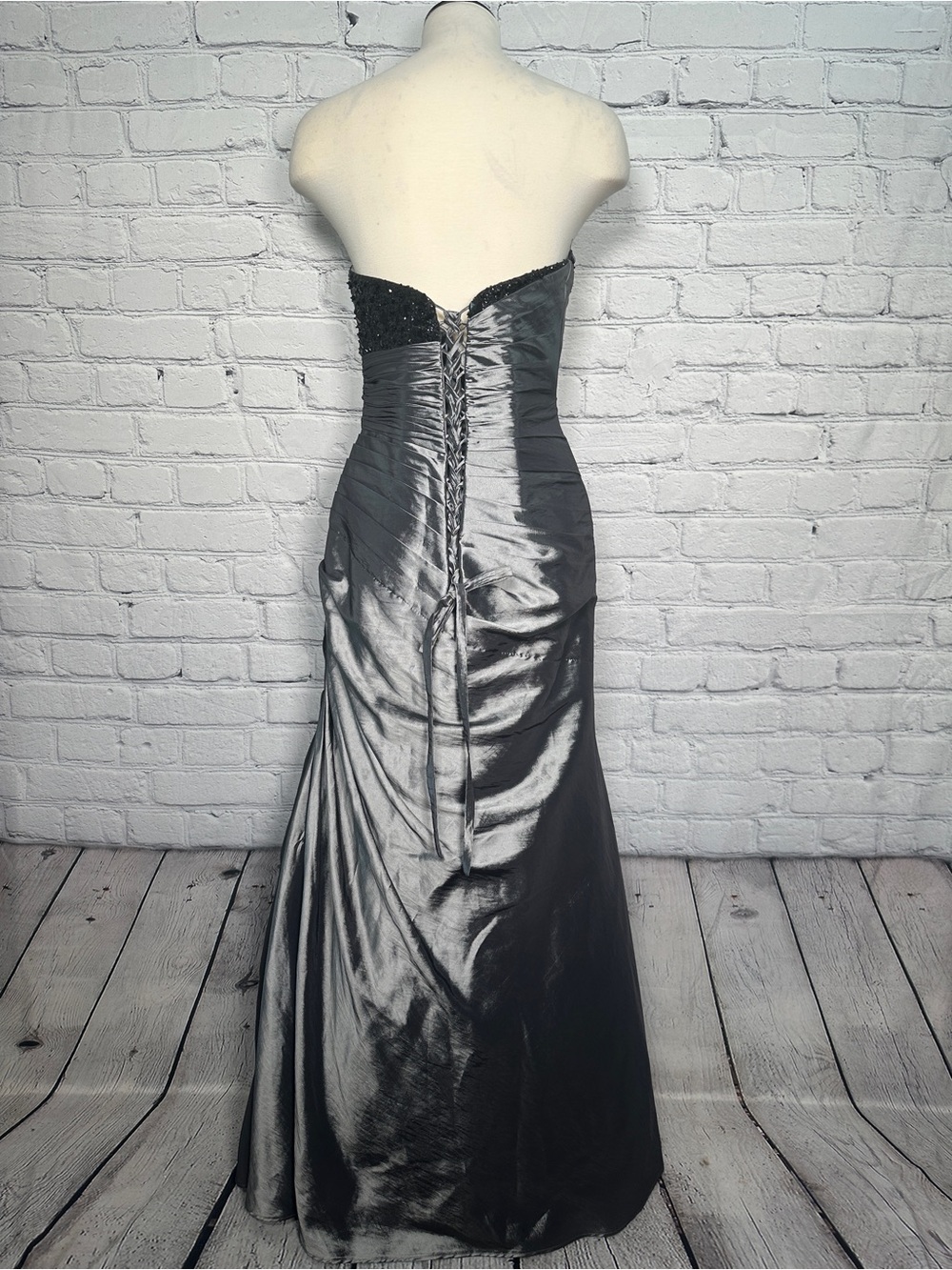 Maggie Sottero Strapless Metallic Silver-Black Lace-Up Gown